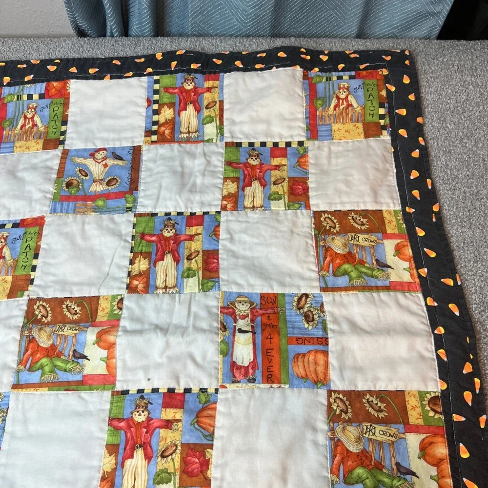 vtg Handmade quilt Autumn Scarecrow Throw Blanket fall‎ patchwork cozy harest